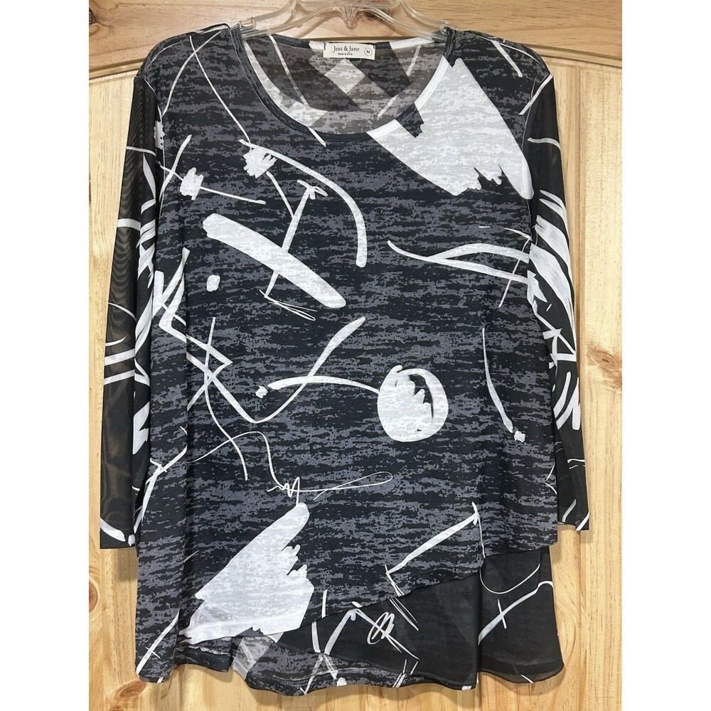 Jess & Jane Tunic Top Black White Abstract Print Sheet Sleeves 3/4 Length Size M